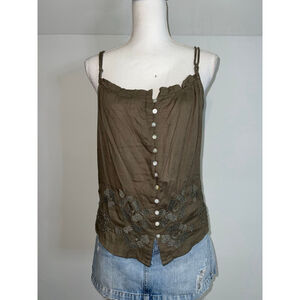 Women's Mudd Olive Green Embroidered Button Front Tank Top L